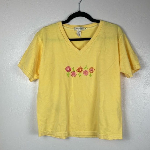 Fresh Produce Yellow Floral Short‎ Sleeve V-Neck Shirt Top Blouse Women’s Small - Picture 1 of 10